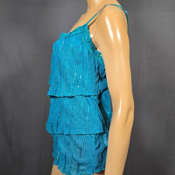 Y2K Blue Sequin Layered mesh Babydoll Top Sleeveless Camisole Size L Fairy Boho - Picture 5 of 11